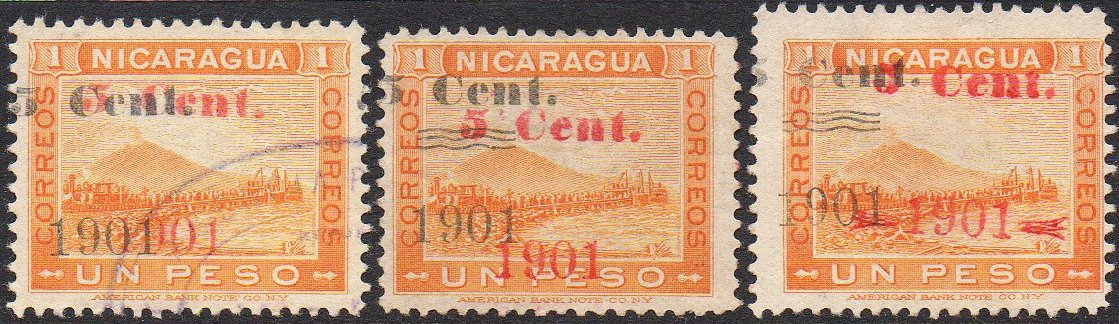 timbres-poste sellos postales stamps Nicaragua Momotombo Volcano & Train 5c/1P 1901 Red surcharge 